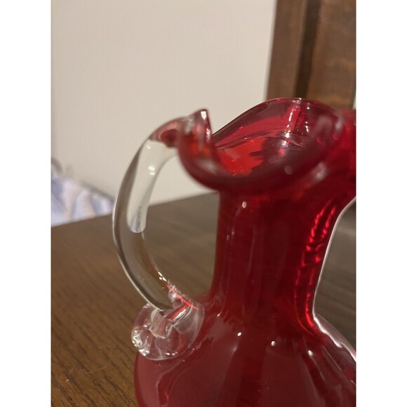 Vintage Hand Blown Ruby Red Cranberry Art Glass 5 Inch Cruet With Ruffled Top - Picture 3 of 7